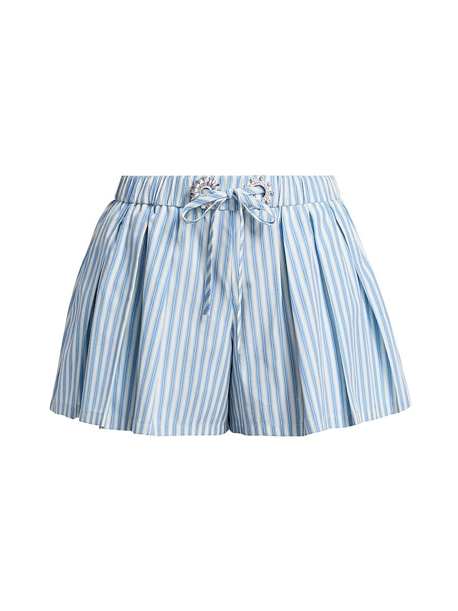 Women's Striped Poplin Pleated Shorts - White Blue - Size Small