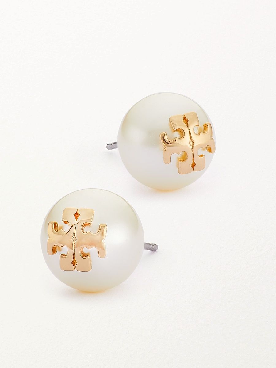 Women's Crystal-Pearl Yellow Goldtone Logo Stud Earrings - Ivory
