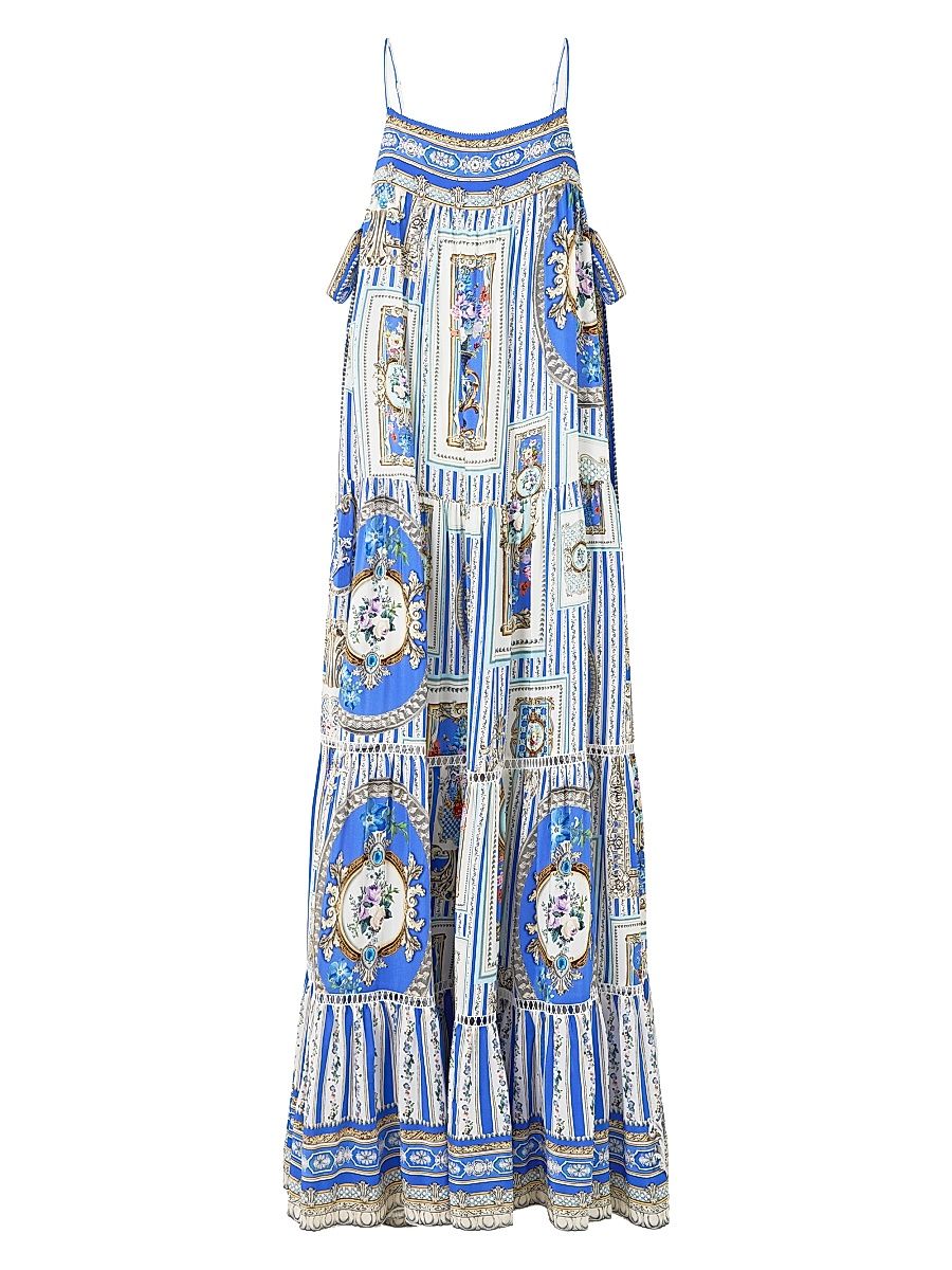 Women's Ottoman Tiered Silk Maxi Dress - Blue Multi - Size XS