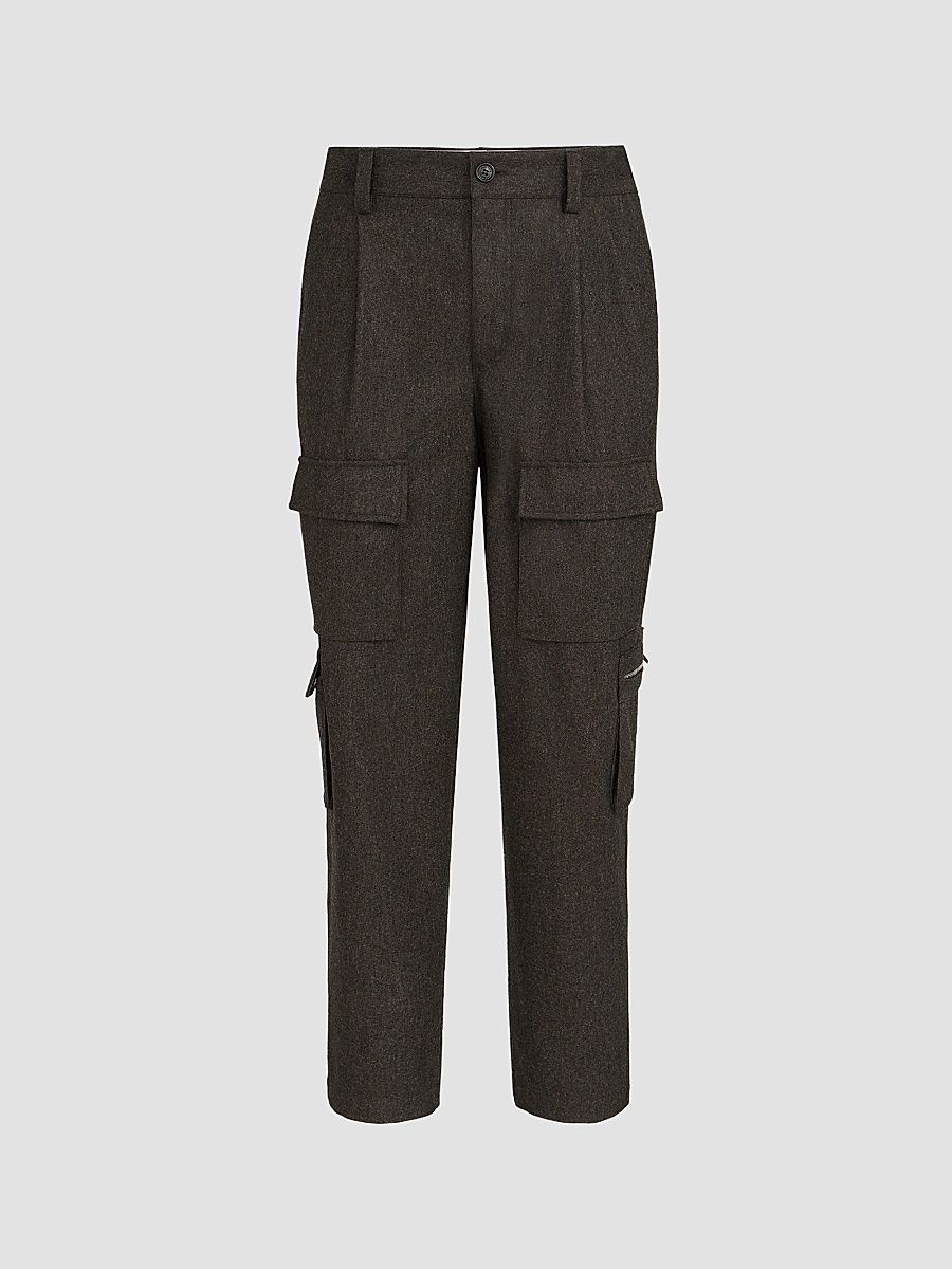 Men's Virgin Wool Flannel Trousers with Cargo Pockets - Brown - Size 42