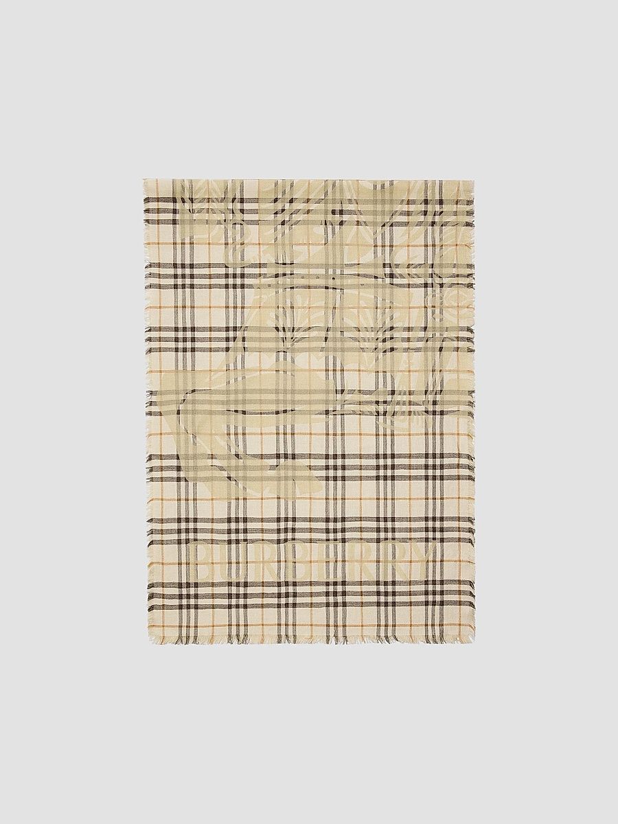 Burberry Women's Checked EKD Logo Wool-Silk Scarf - Pebble White