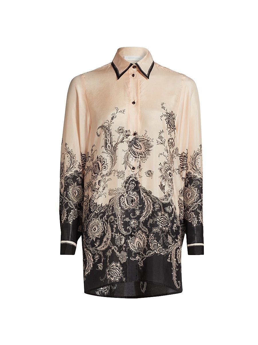 Women's Rhiannon Silk Relaxed Shirt - Cream Black Floral - Size 8