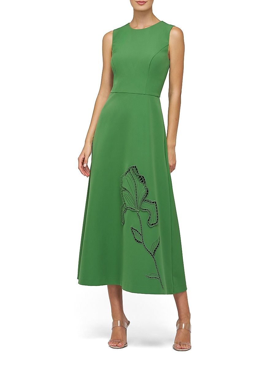Women's Blossom Floral Appliqué Midi-Dress - Lush Green - Size 2