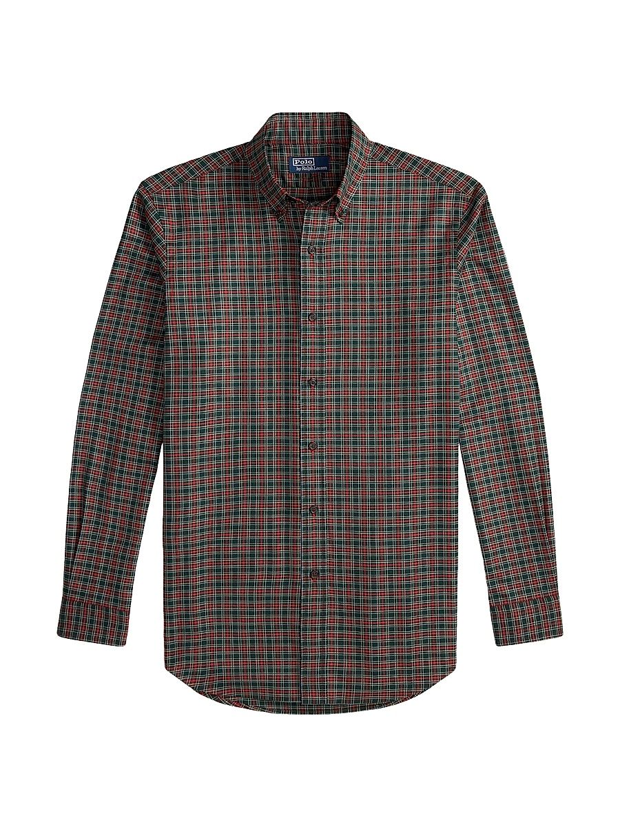 Men's Plaid Cotton Twill Button-Down Shirt - Green Red Multi - Size XXL