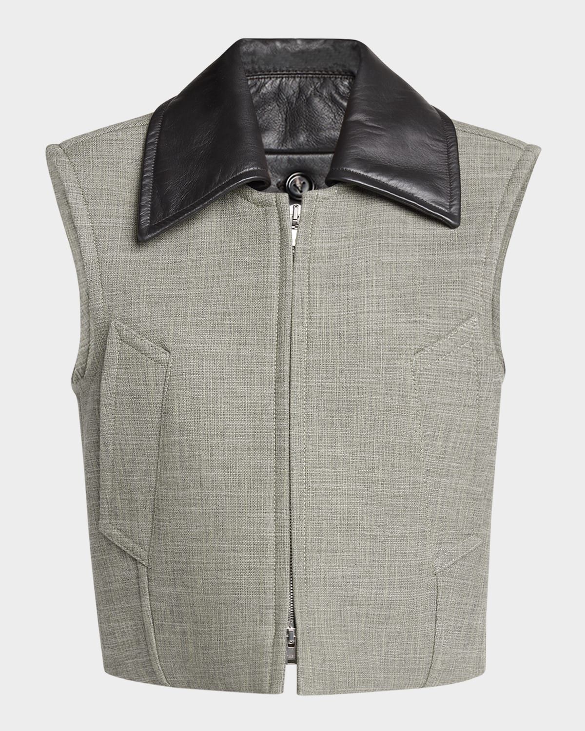 Leather-Collar Structured Melange Vest