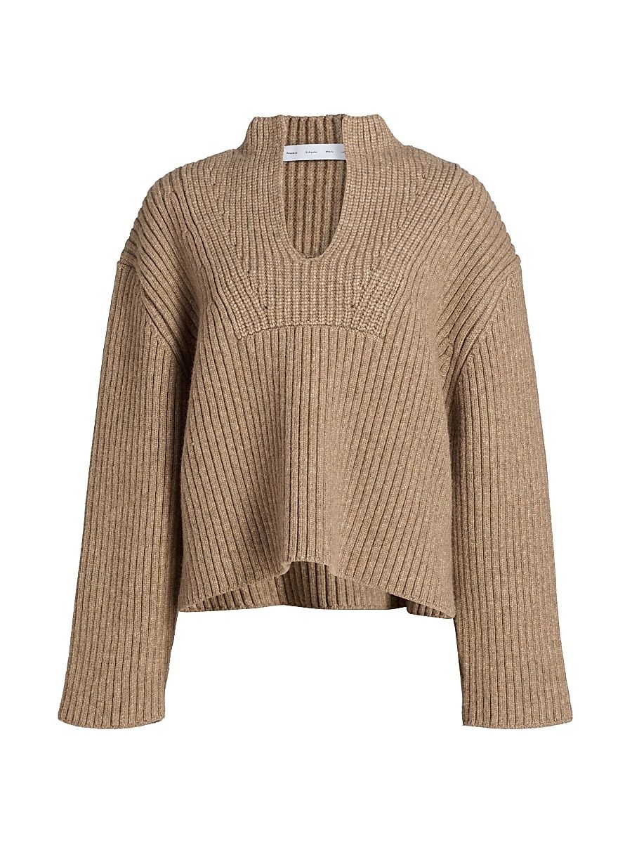 Women's Meron Rib-Knit Merino Wool Sweater - Walnut Melange - Size Large