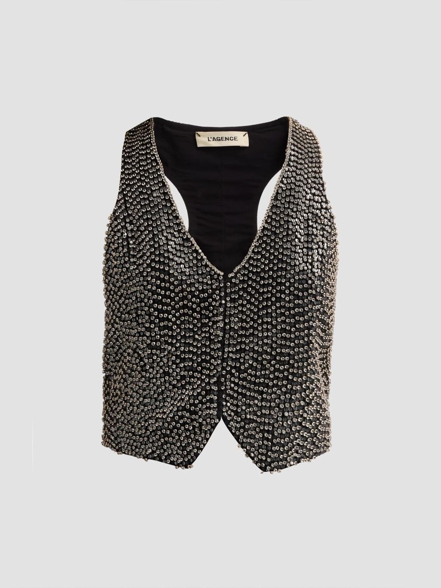 L'AGENCE Women's Nixe Embellished Vest - Black Clear Crystal - Size 10