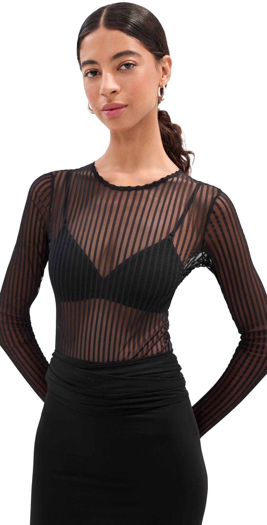 LE BOP Hannah Striped Thong Bodysuit Black Striped Mesh XXS