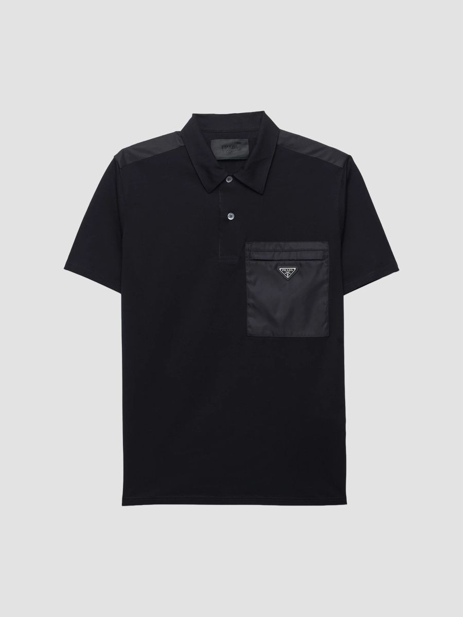 Prada Men's Stretch Cotton Polo Shirt with Re-Nylon Details - Black - Size XXXL