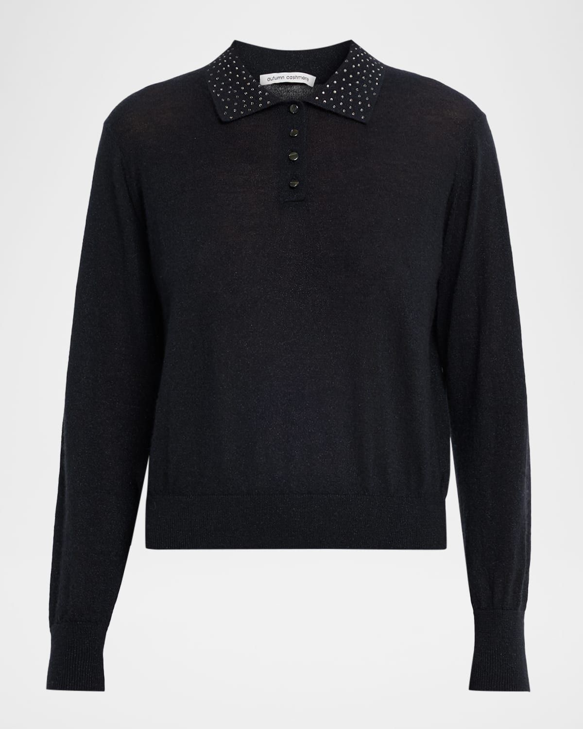 Rhinestone-Embellished Cashmere Polo Sweater