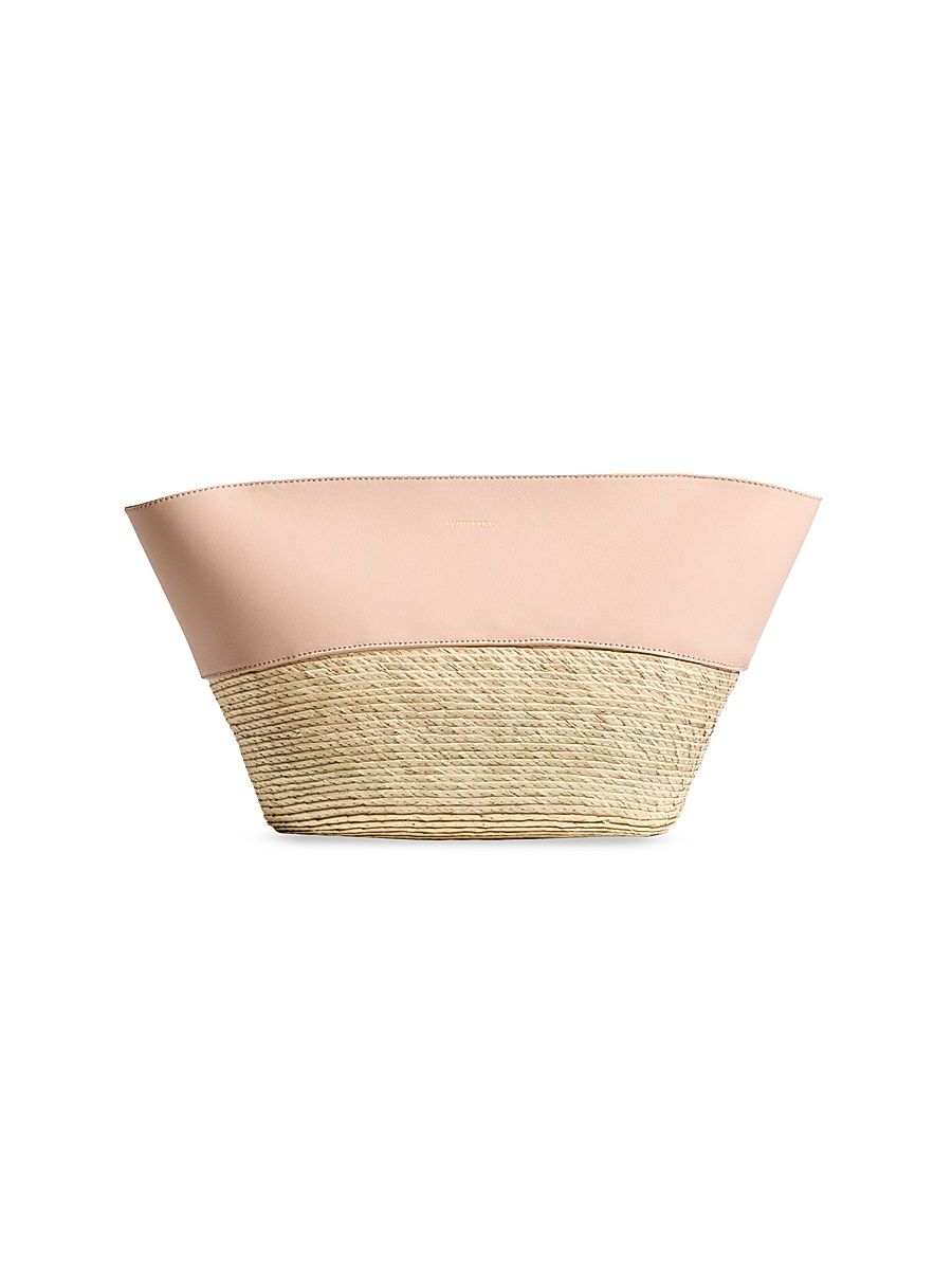 Women's Basket Woven Palm & Leather Clutch - Pale Blush