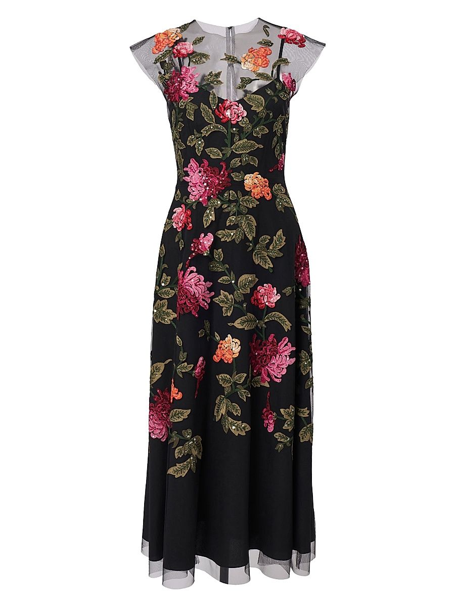 Women's Sequined Floral-Embroidered Tulle Cocktail Dress - Black Multi - Size 12