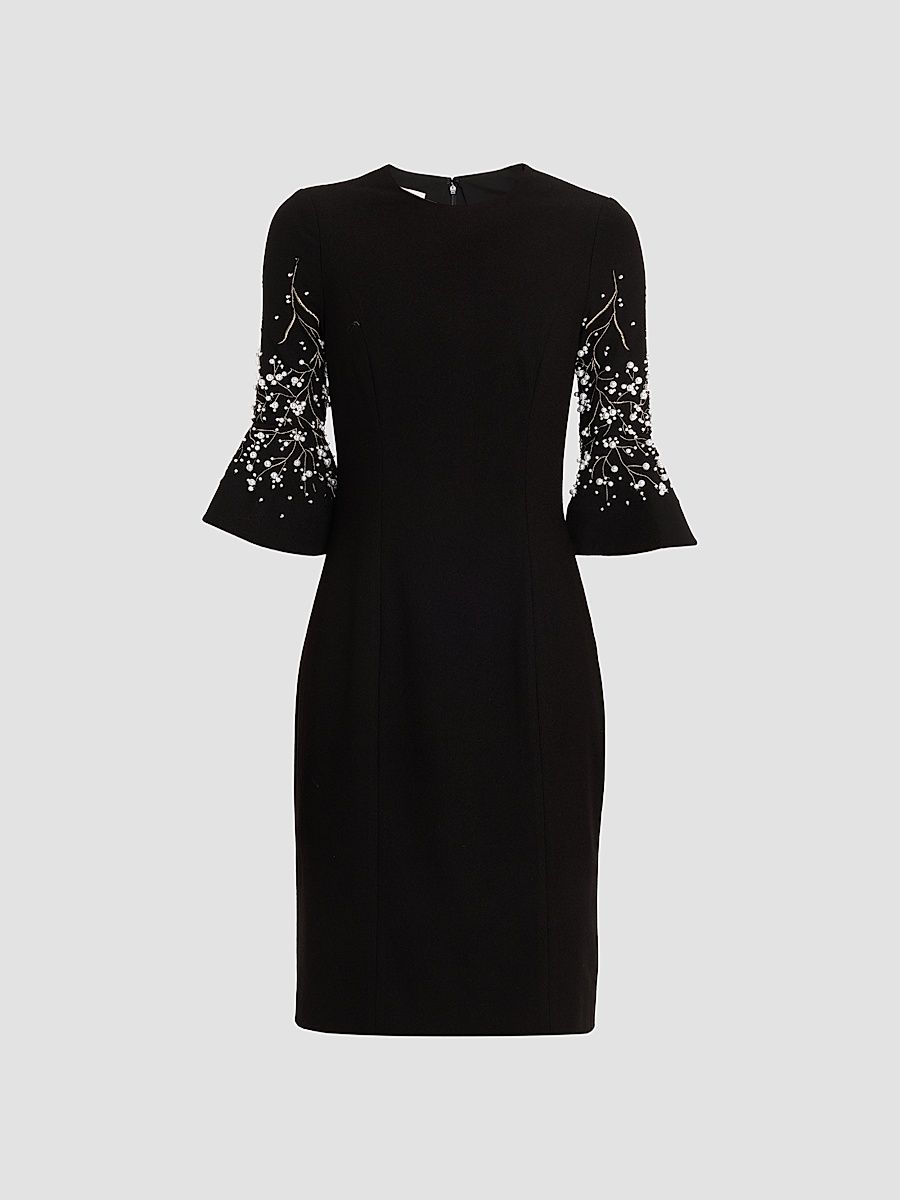 Women's Crepe Flounce-Cuff Flower Pearl-Embellished Dress - Black Multi - Size 2