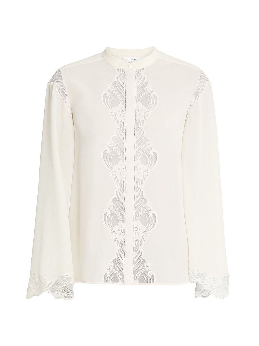 Women's Lace-Trimmed Silk Blouse - Pristine White - Size 8