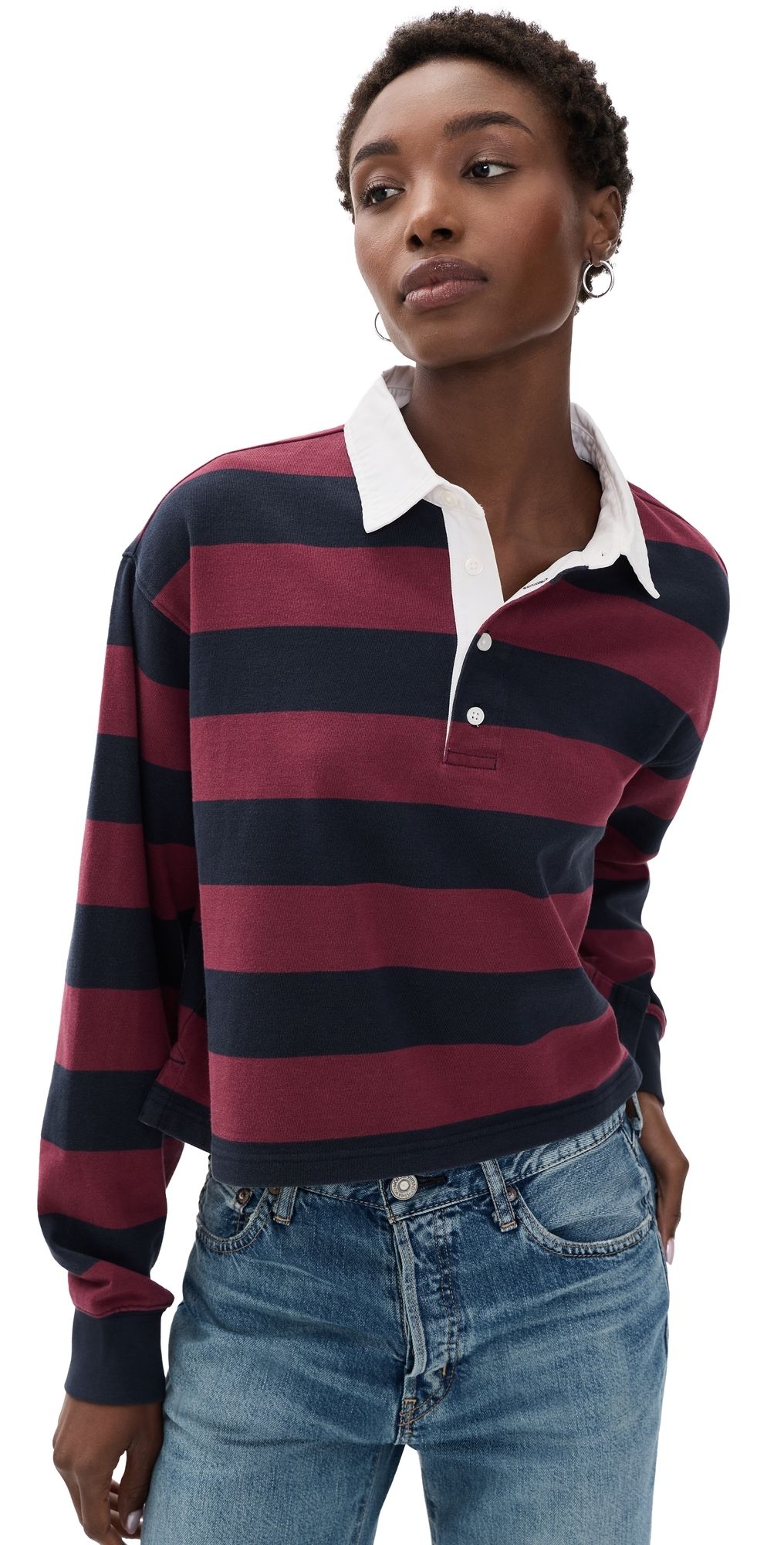 Good American The Cropped Rugby Polo Navy Berry Noir Block Stripe XS