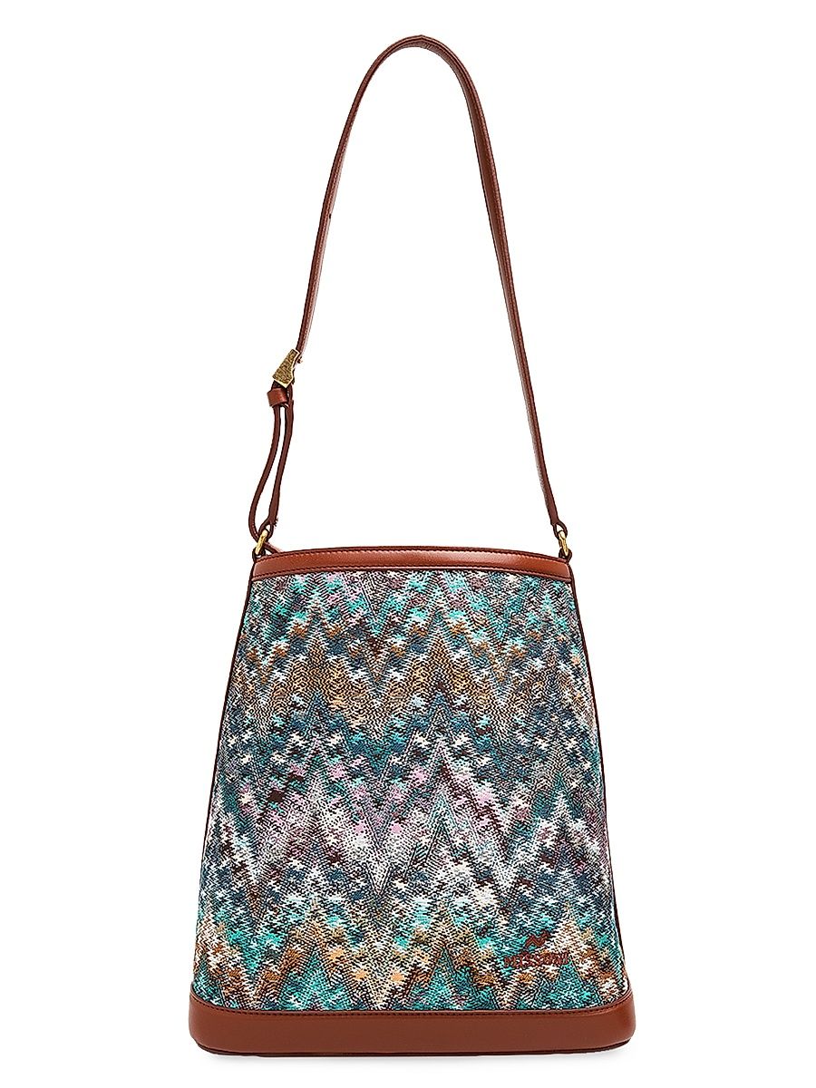 Women's Chevron Canvas & Leather Bucket Bag - Coop Brown