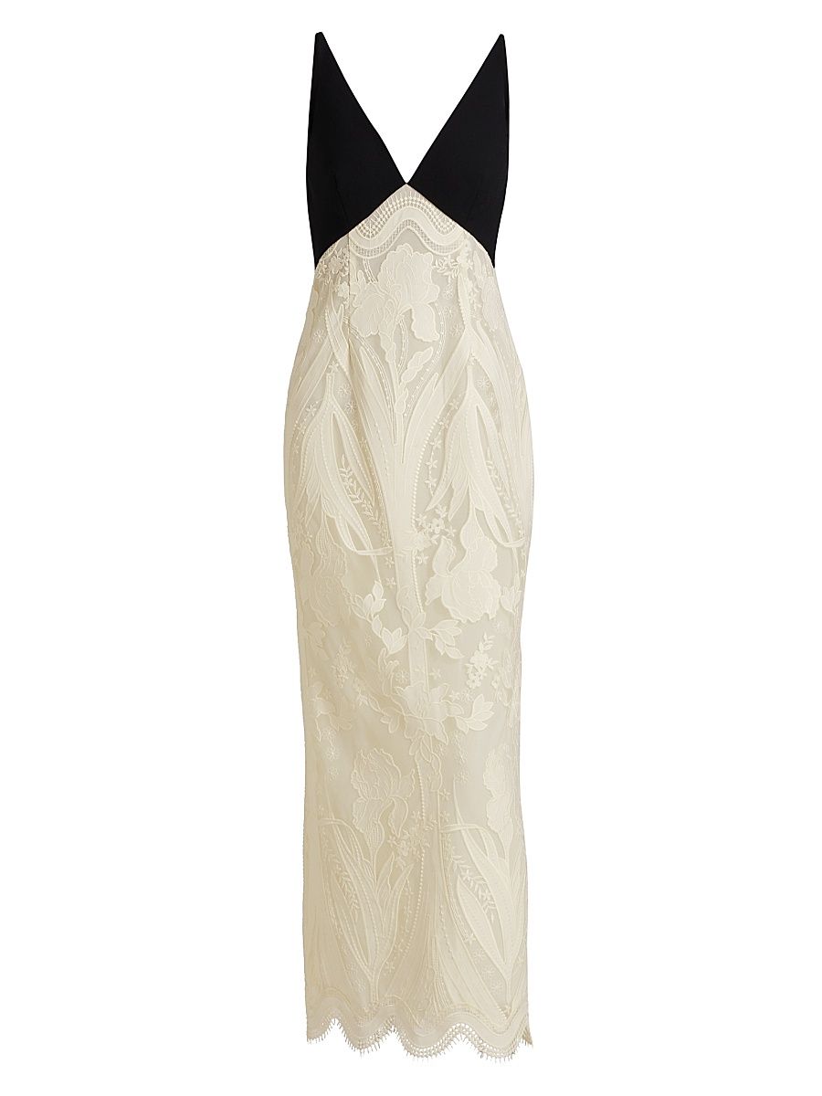 Women's Pieced Crepe & Lace Maxi Dress - Black Ivory - Size 14