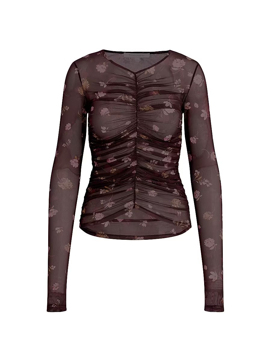 Women's Party Floral Mesh Ruched V-neck Top - Whimsical Monet - Size XS