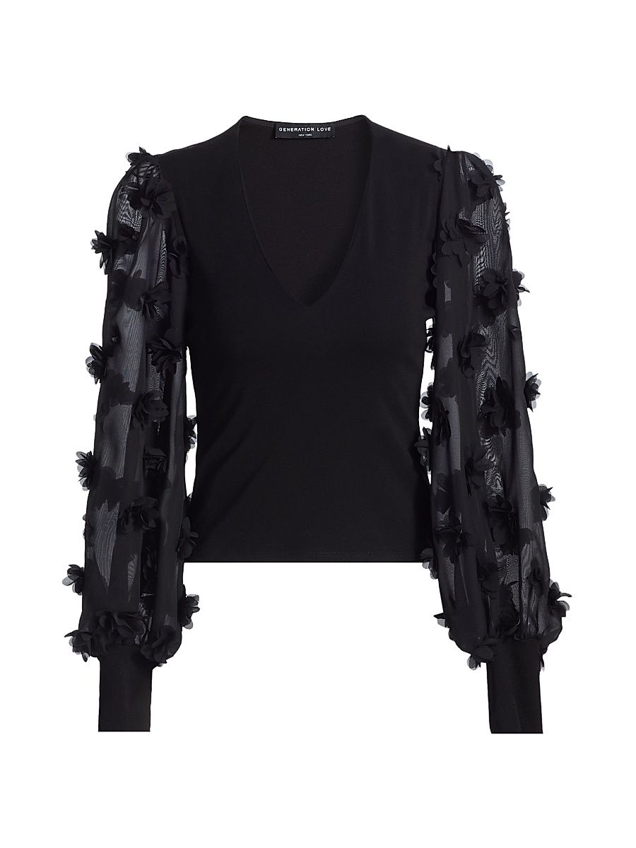 Women's Darla Floral Appliqué Long-Sleeve Top - Black - Size Small