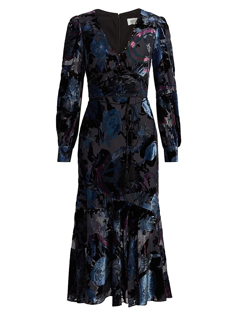 Women's Velvet Burnout V-Neck Midi-Dress - Blue Multi Black - Size 2