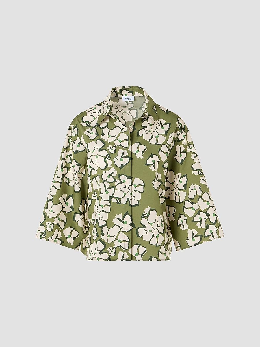Women's Papercut Flower Print Cotton Shirt - Green Tea Cream Olive - Size 18