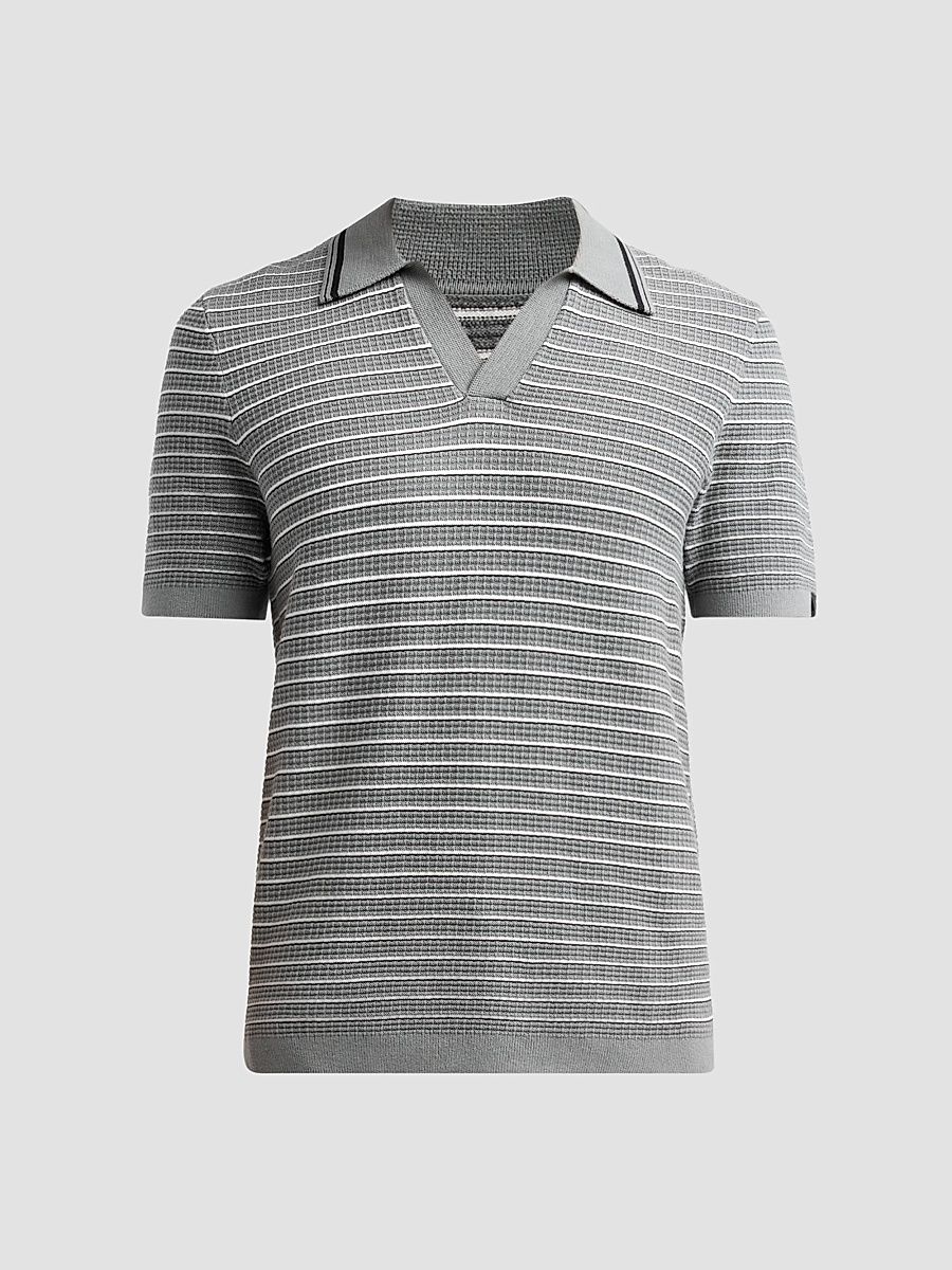 rag & bone Men's Aaron Striped Johnny Collar Polo Shirt - Grey Mist - Size Large