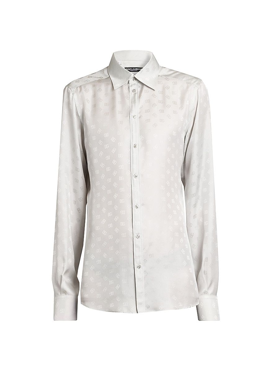 Men's Logo Jacquard Silk Shirt - Grigio Chiaro - Size 34