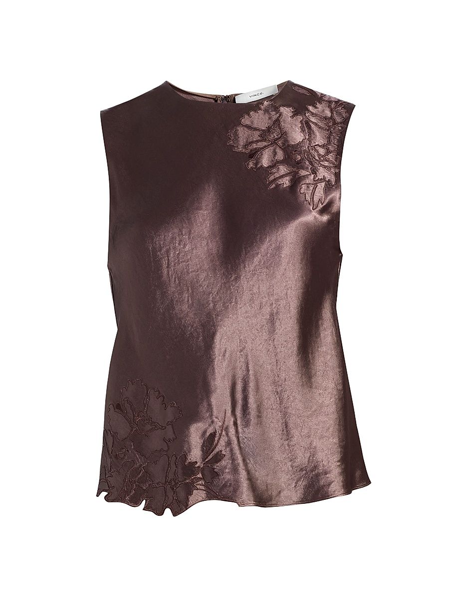 Women's Floral-Embroidered Satin Shell - Smoky Berry - Size XXS