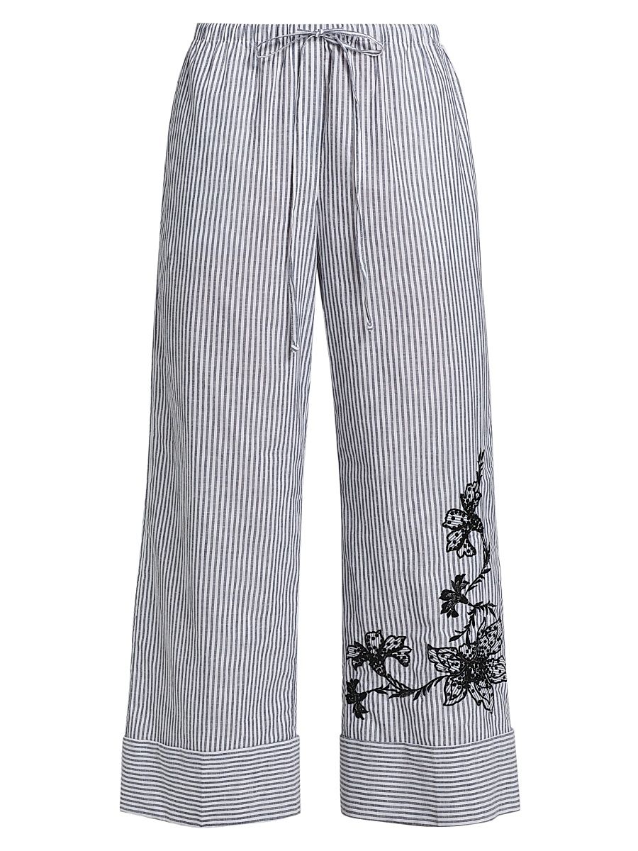 Women's Callie Embroidered Striped Pants - Black White - Size XL