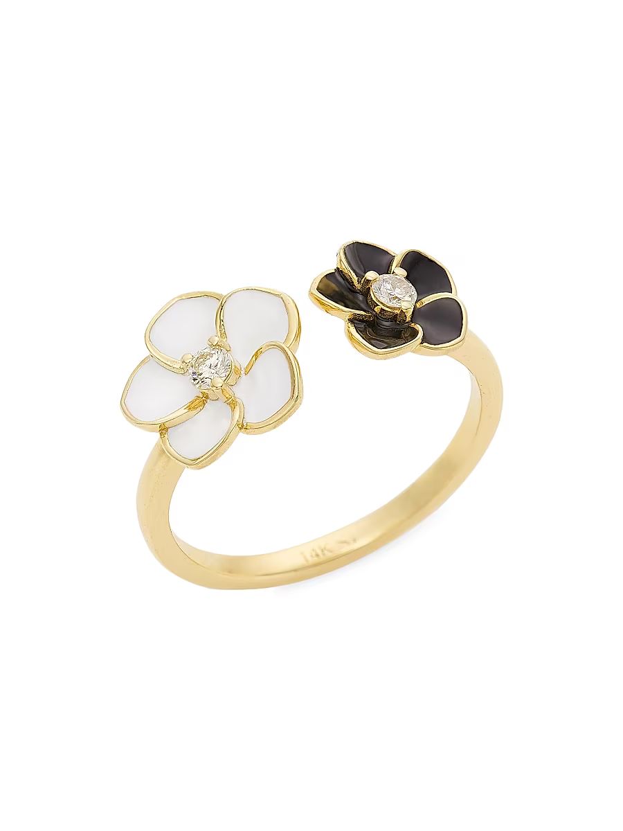 Women's 14K Yellow Gold, 0.1 TCW Diamond, & Enamel Flower Cuff Ring - Yellow Gold - Size 7