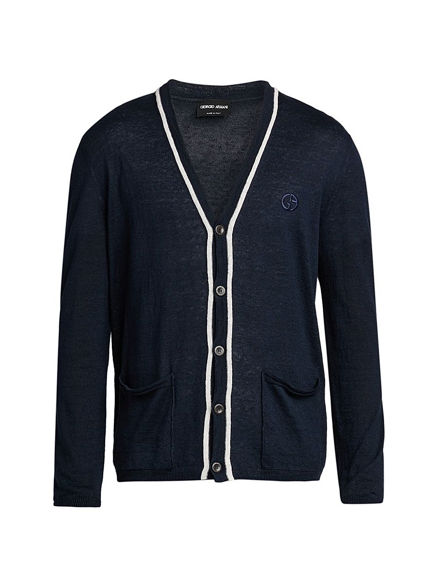 Men's Contrast-Trim Linen-Silk Cardigan - Navy - Size 46