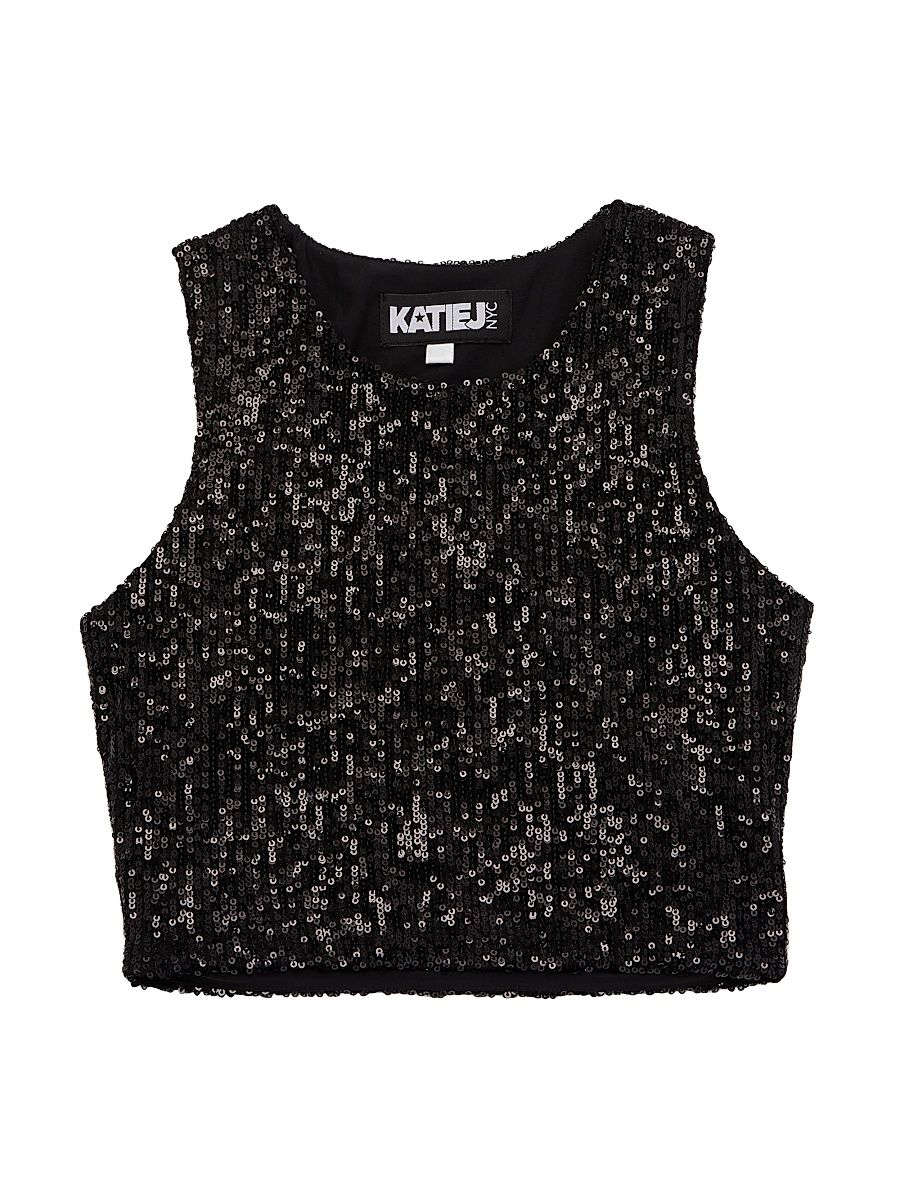 Girl's Sequin Crop Tank Top - Black Sequin - Size 14