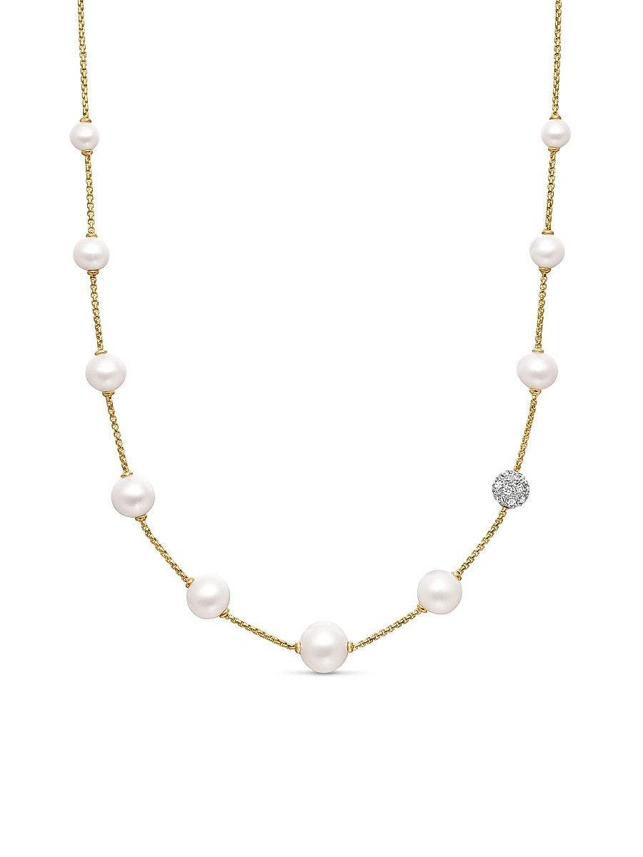 Women's Pearl and Pavé Station Necklace in 18K Yellow Gold - Pearl - Size 18