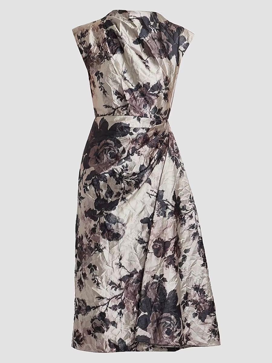 Women's Draped Floral Textured Satin Midi Dress - Rose Pearl - Size 10