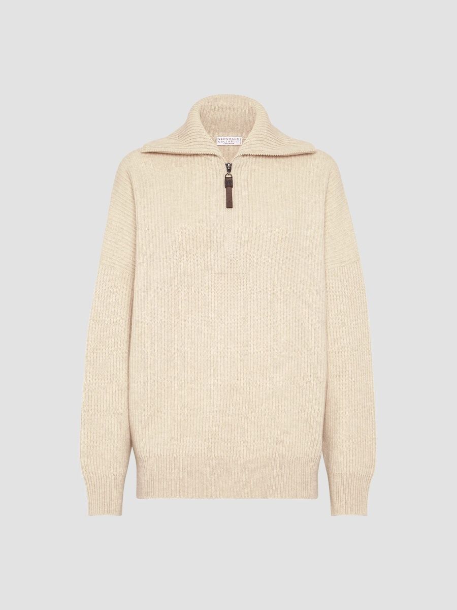 Brunello Cucinelli Women's Cashmere English Rib Sweater with Shiny Zipper Pull - Beige - Size Large