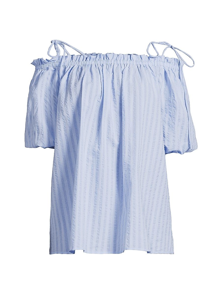 Women's Harmony Cotton Seersucker Top - Powder Blue Stripes - Size Large