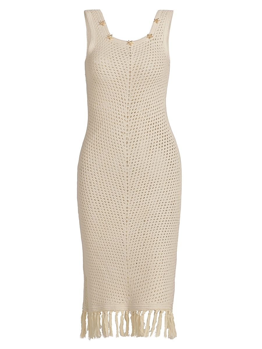 Women's Gia Embellished Crochet Fringe Dress - Natural - Size XL