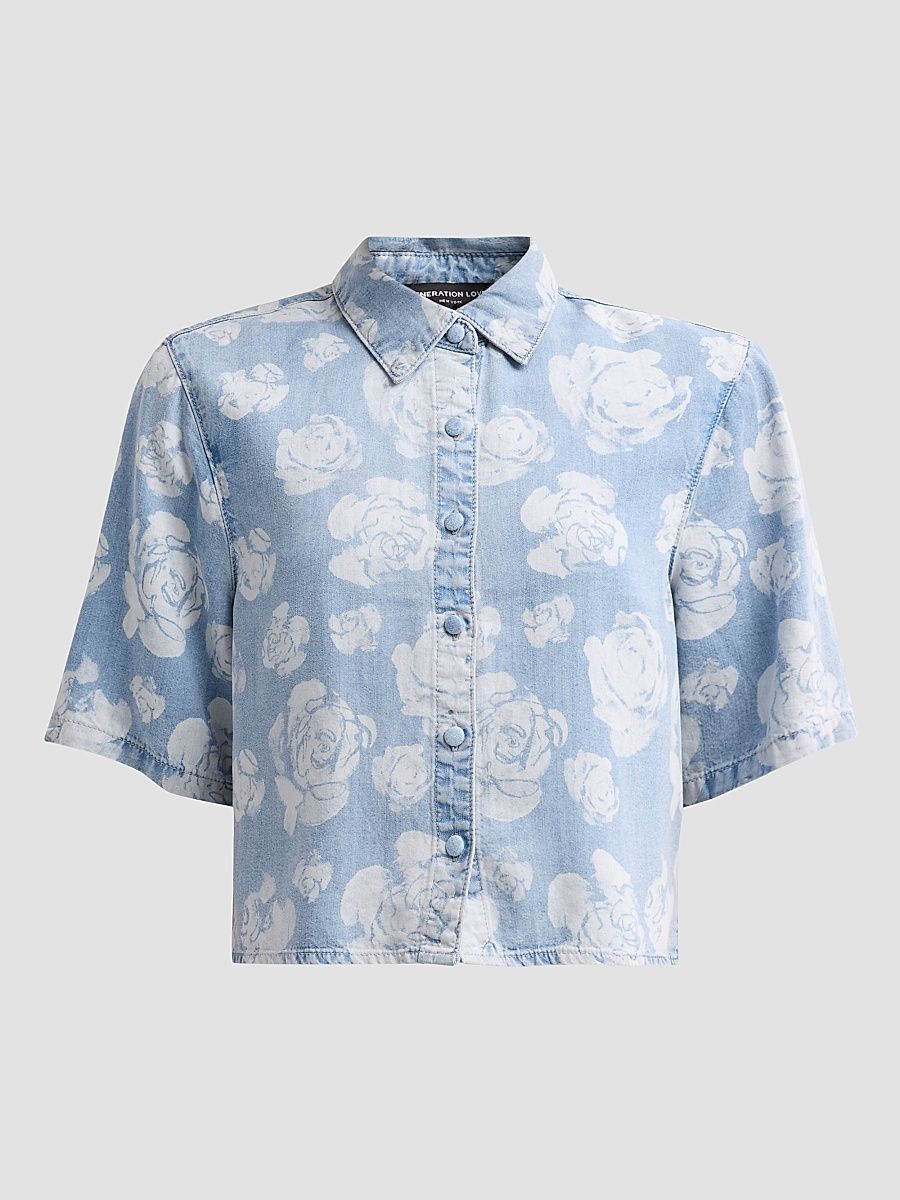 Women's Heidi Floral Crop Denim Shirt - Floral Light Blue - Size XL