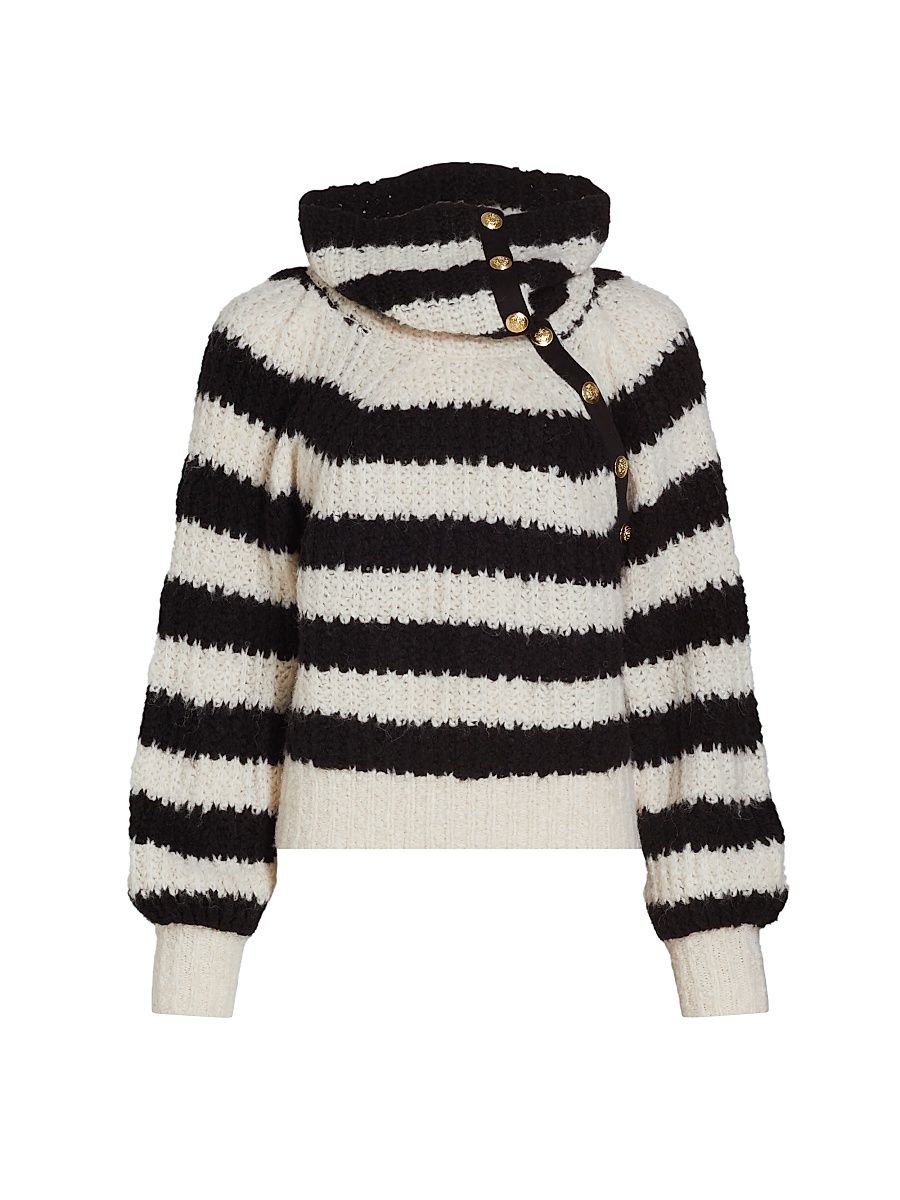 Women's Astra Asymmetric-Button Turtleneck Sweater - Black White - Size Medium