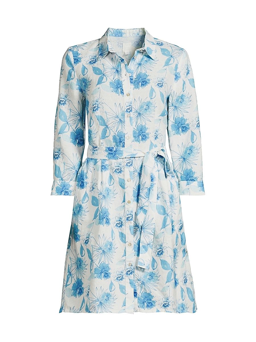 Women's Floral Linen Belted Shirtdress - Blue Printed Fabric - Size Large