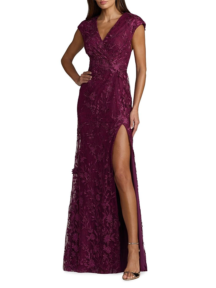 Women's Floral Appliqué Surplice Neck Gown - Amethyst - Size 16