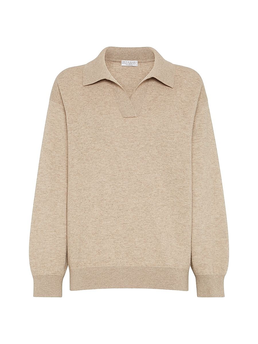 Women's Cashmere Double Knit Polo Shirt with Monili - Biscuit - Size XXXL