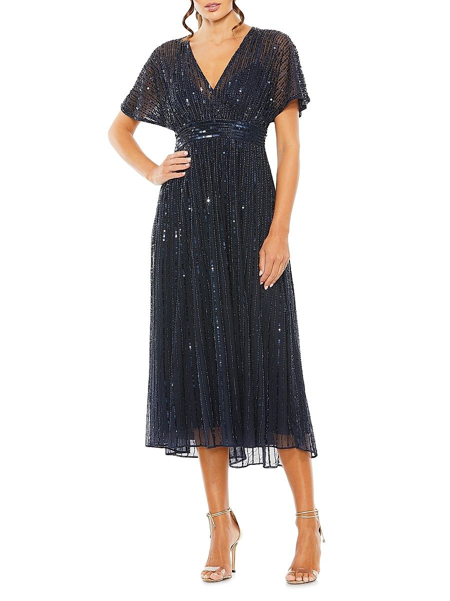 Women's Sequined Short-Sleeve Midi-Dress - Midnight - Size 20