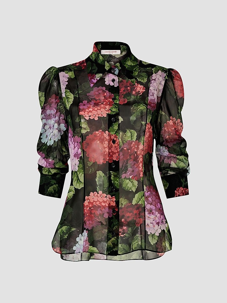 Women's Floral Silk Button-Front Shirt - Black Multi - Size 16