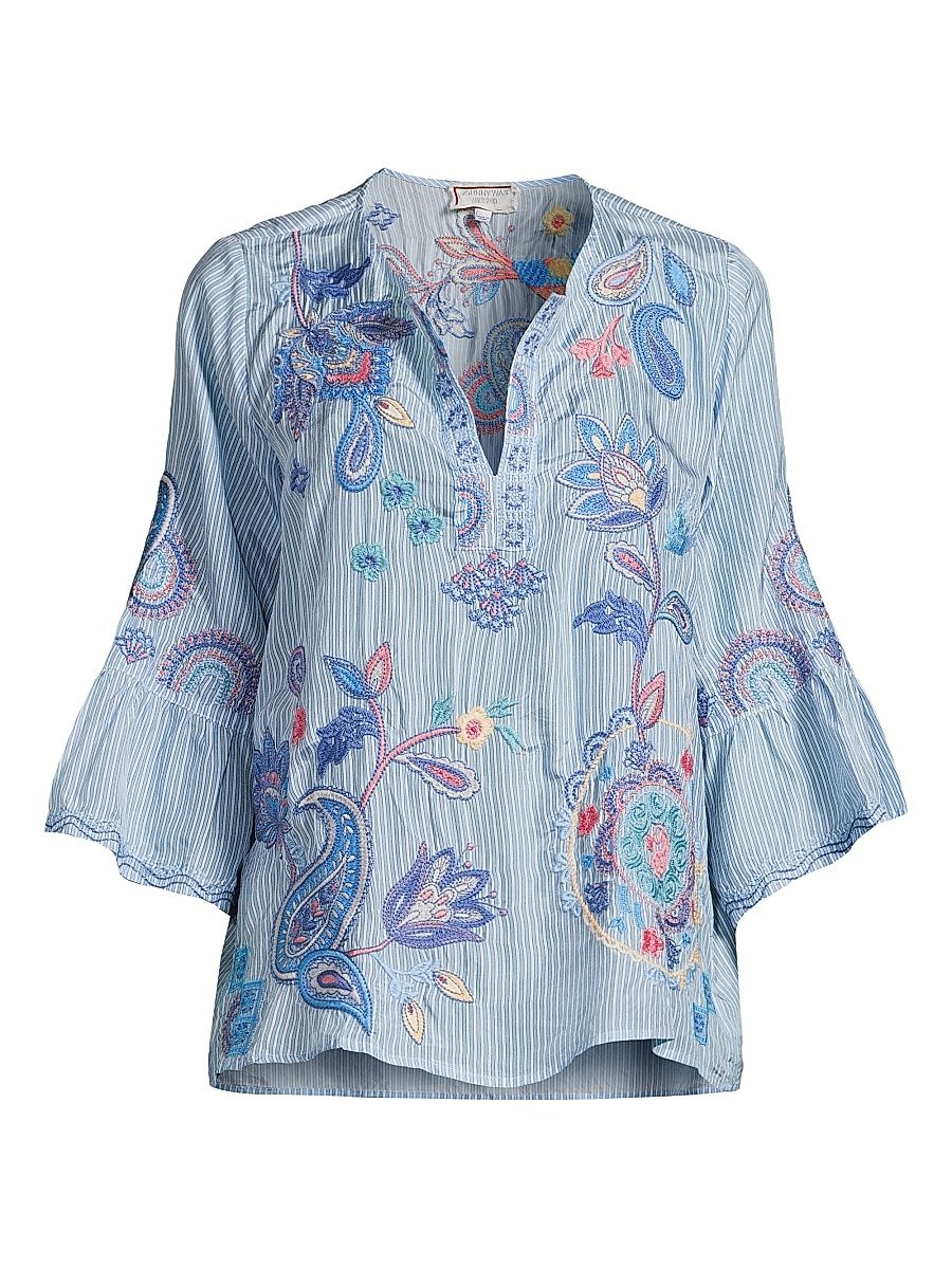 Women's Neilly Embroidered Silk Blouse - Barine Stripe - Size Small