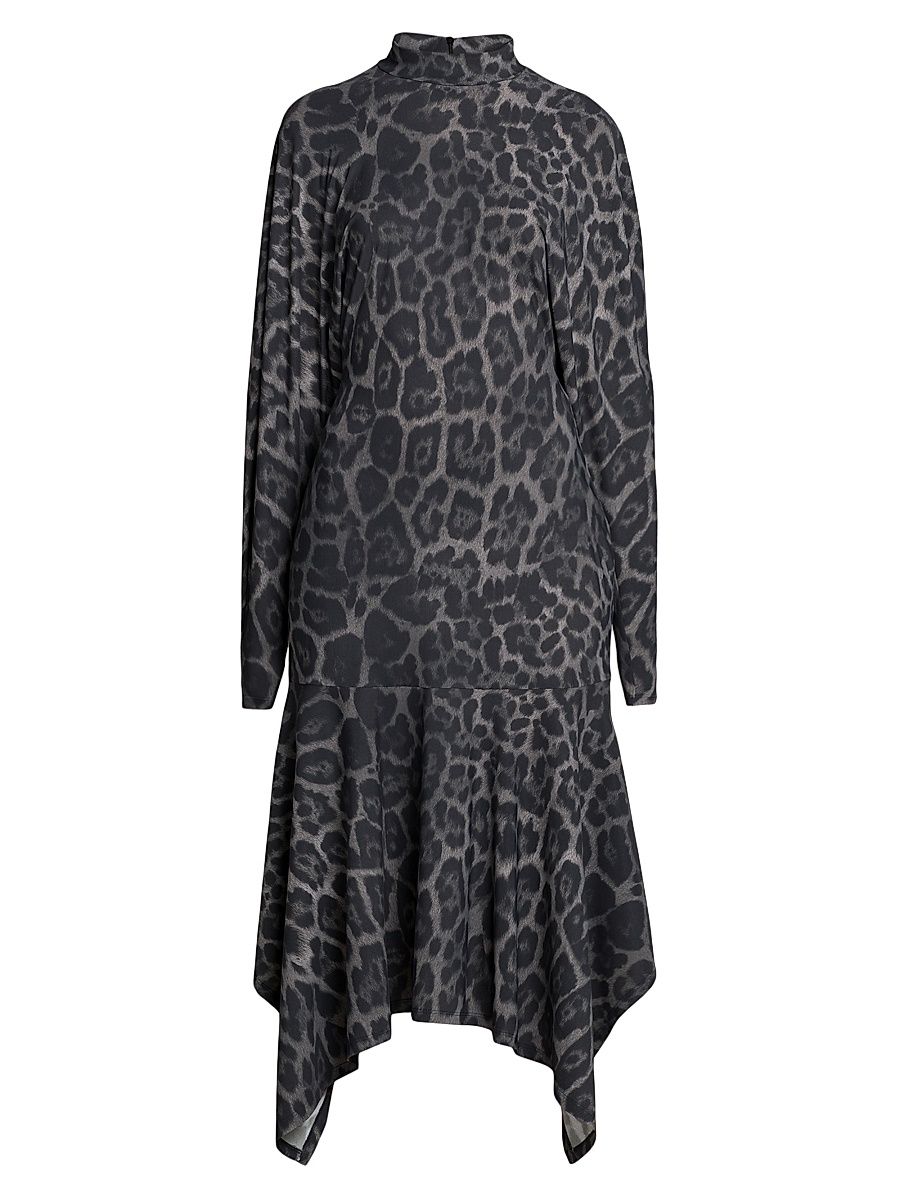 Women's Asymmetric Leopard-Print Mock-Turtleneck Midi-Dress - Ash Grey - Size XS