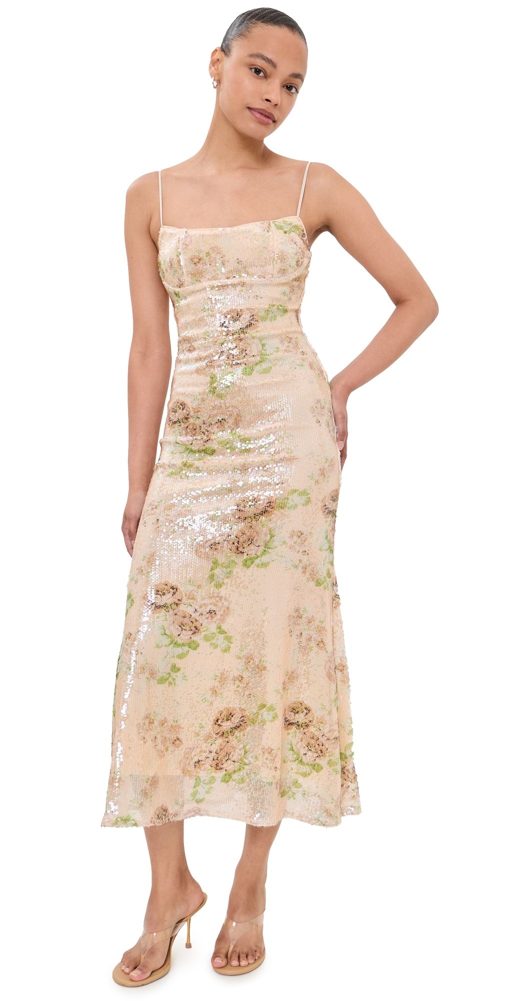 BARDOT Adoni Sequin Mesh Midi Dress Beige Fl 8