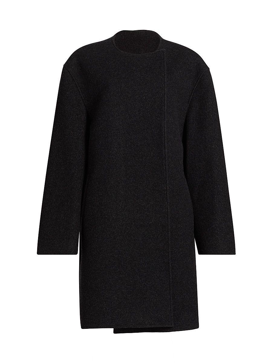 Women's Collarless Wool-Blend Felt Coat - Charcoal Melange - Size 10