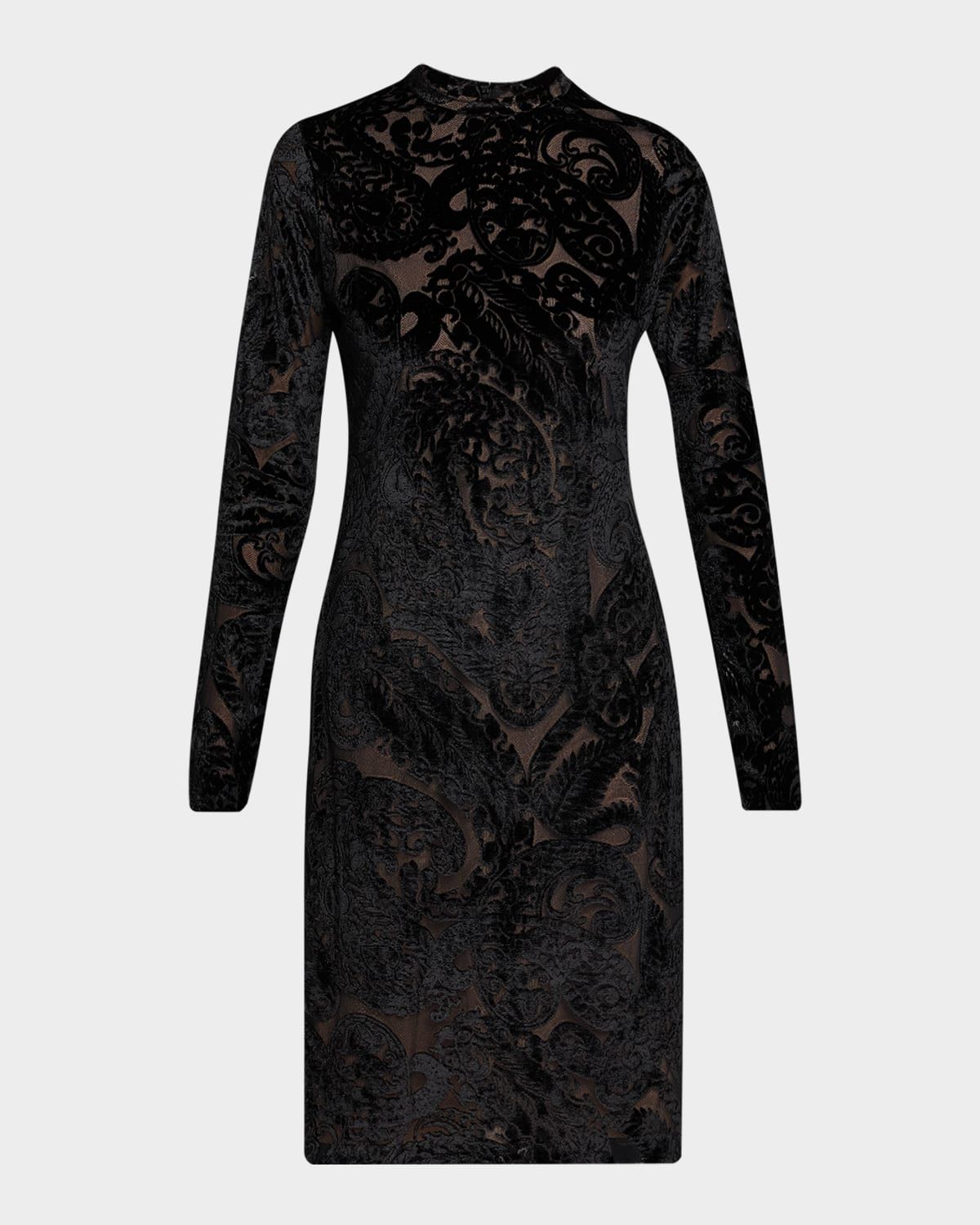 Paisley Velvet Burnout Long-Sleeve Dress