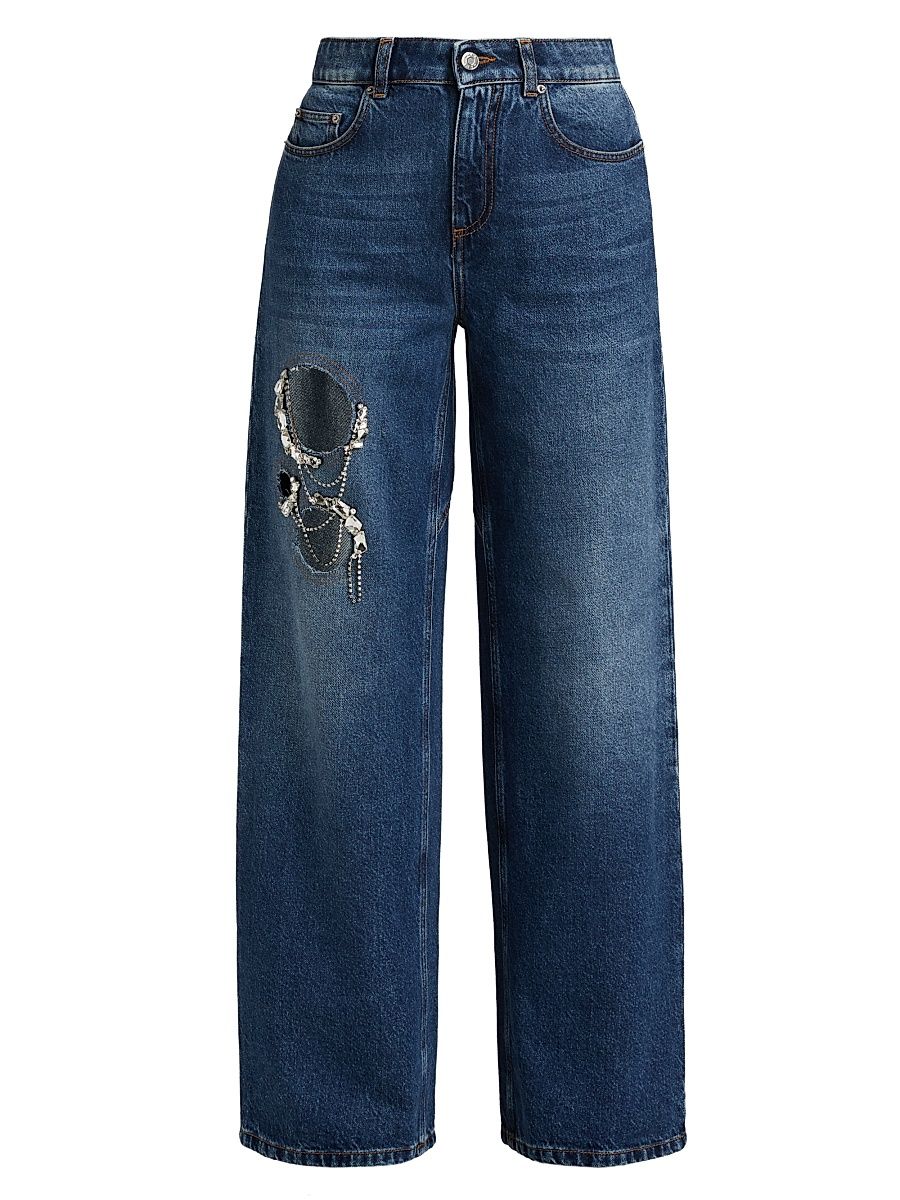 Women's Crystal Chain Cut-Out Relaxed Jeans - Medium Blue - Size 28